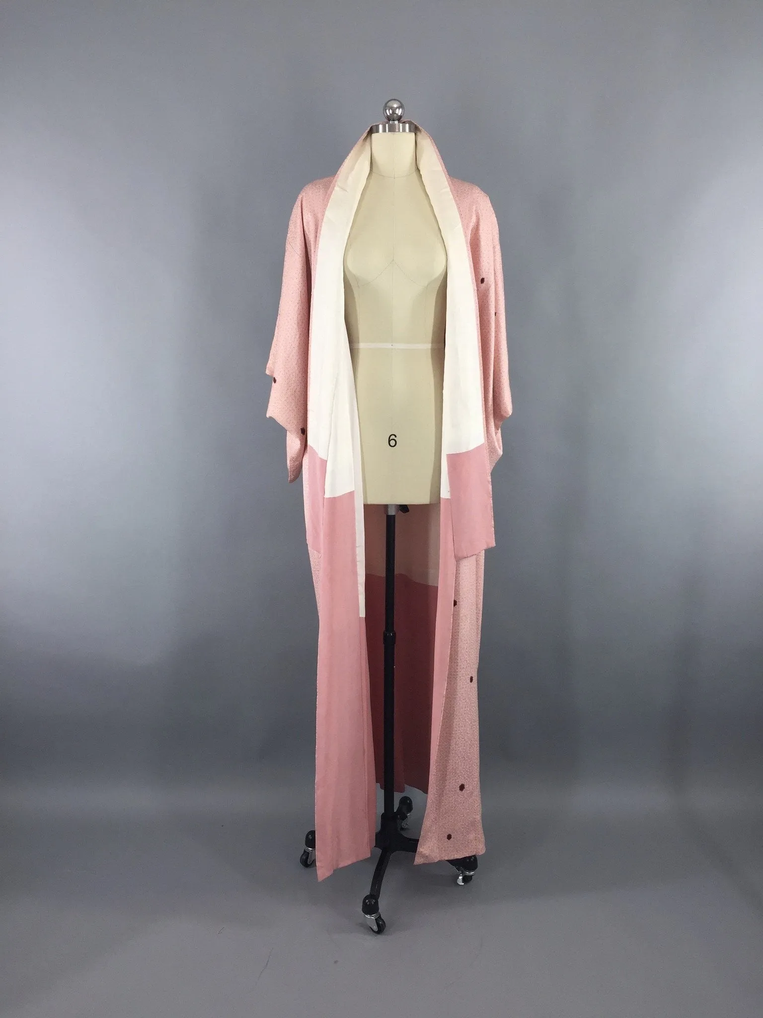 1950s Vintage Silk Kimono Robe with Pink Shibori Polka Dots