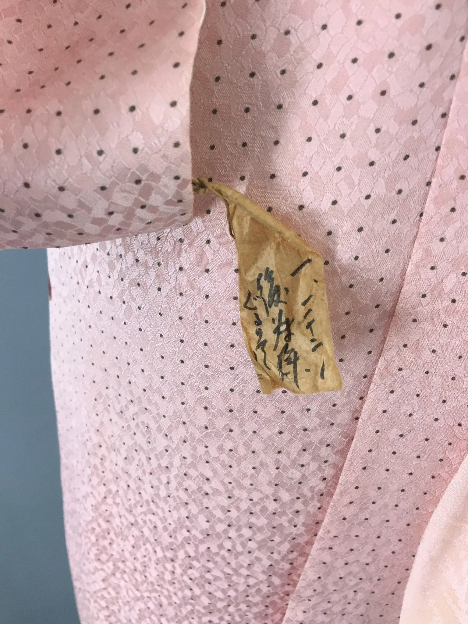 1950s Vintage Silk Kimono Robe with Pink Shibori Polka Dots