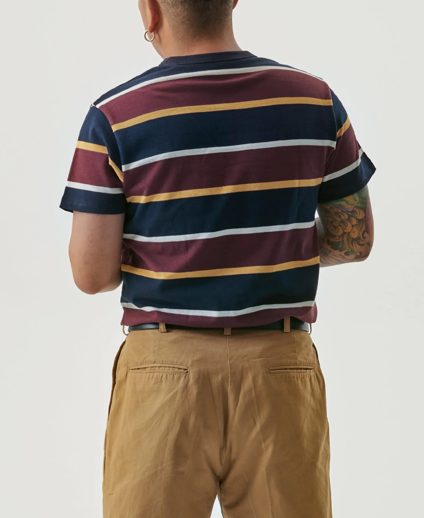 9.8 oz IVY Style Striped T-Shirt - Burgundy Red/Navy
