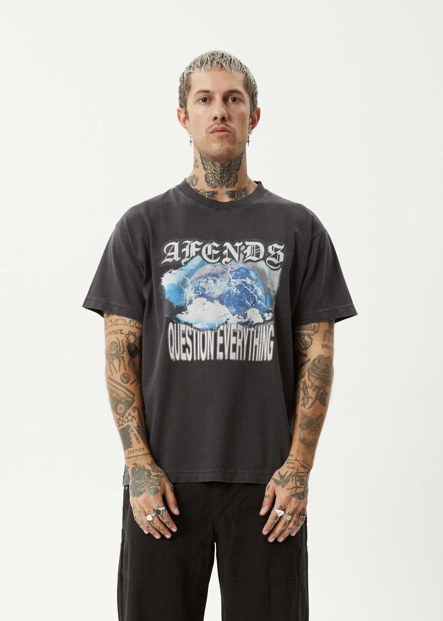 AFENDS Mens Return - Boxy T-Shirt - Stone Black