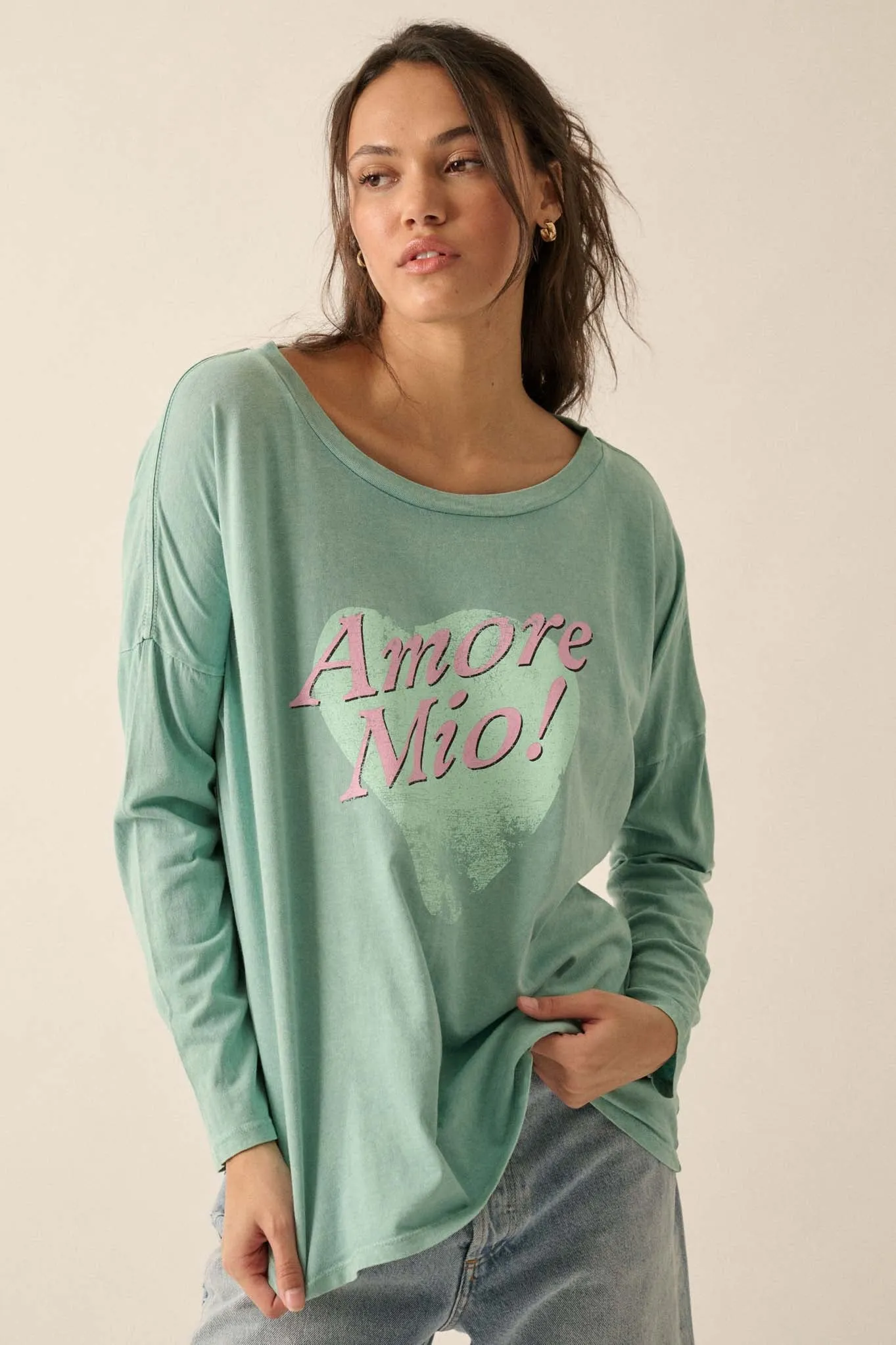 Amore Mio Vintage-Wash Long-Sleeve Graphic Tee