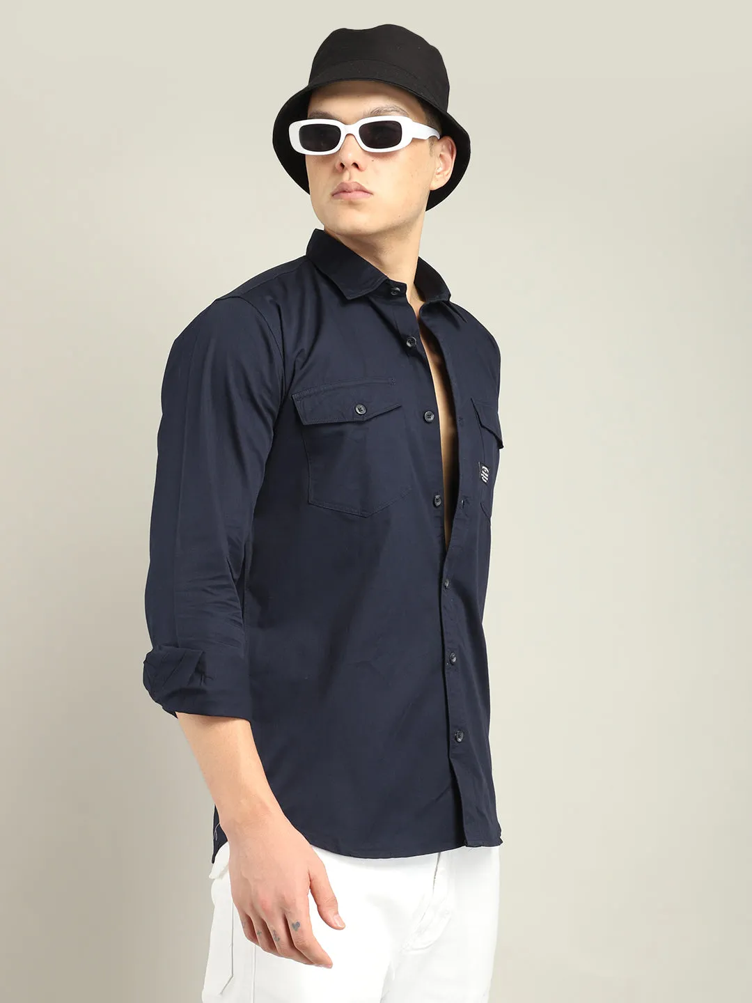 Premium Mens Atlass Twill Navy Dress Shirt - Tailored Fit