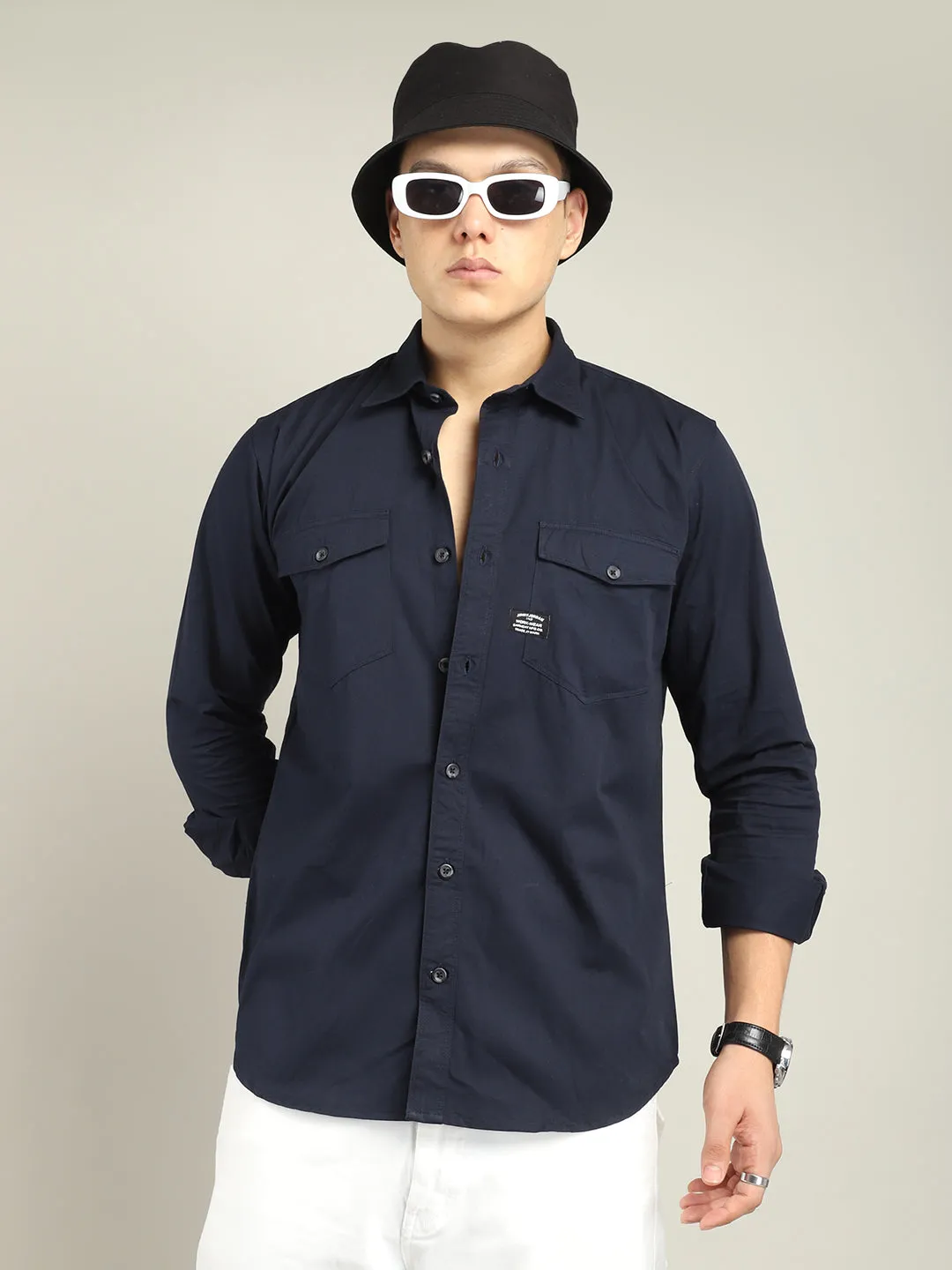 Premium Mens Atlass Twill Navy Dress Shirt - Tailored Fit