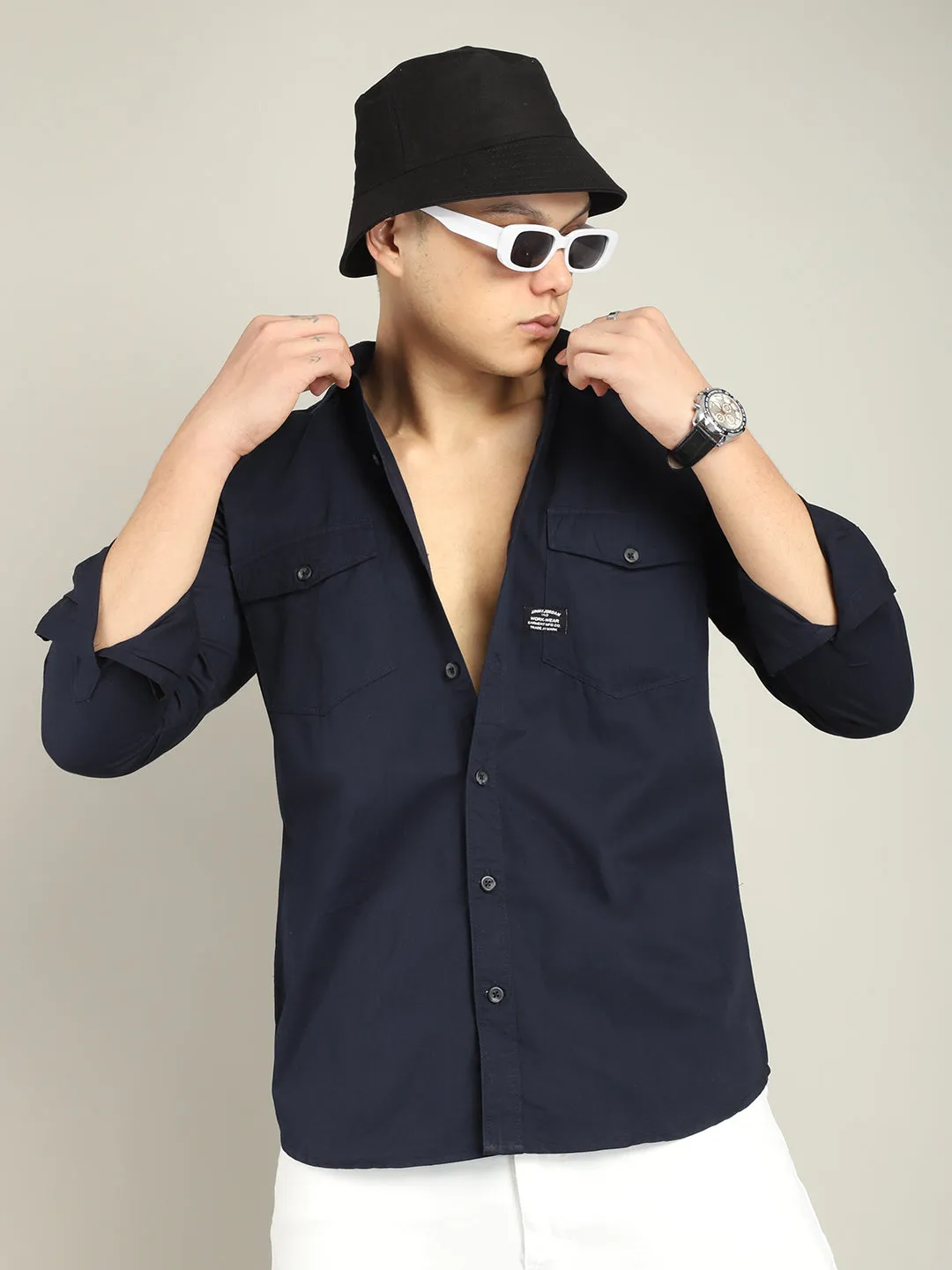 Premium Mens Atlass Twill Navy Dress Shirt - Tailored Fit