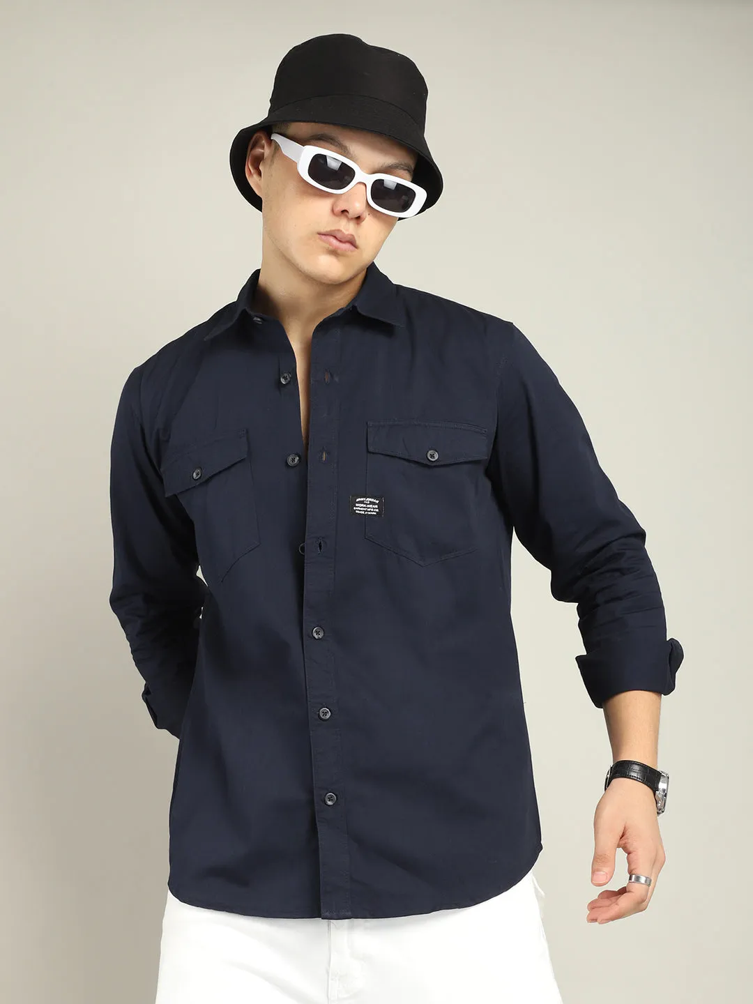 Premium Mens Atlass Twill Navy Dress Shirt - Tailored Fit