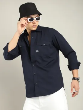 Premium Mens Atlass Twill Navy Dress Shirt - Tailored Fit