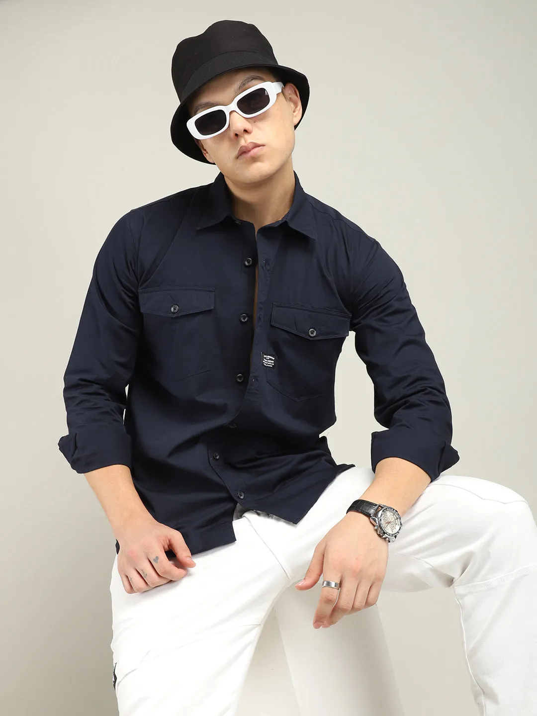 Premium Mens Atlass Twill Navy Dress Shirt - Tailored Fit