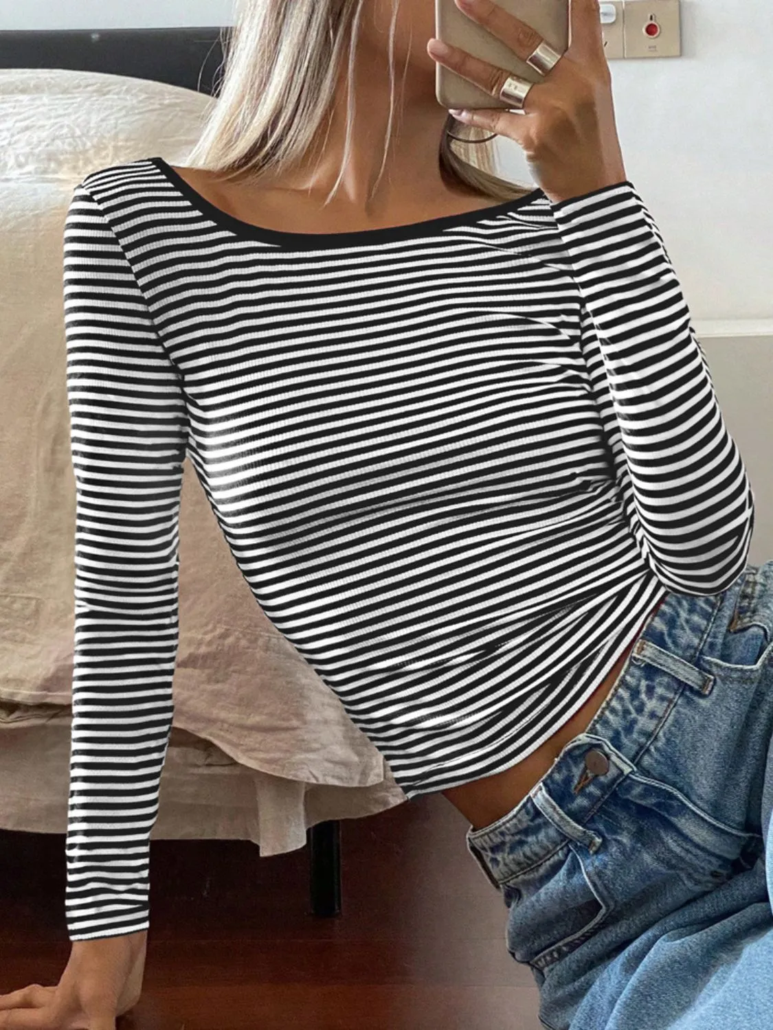 Backless Striped Boat Neck Long Sleeve T-Shirt