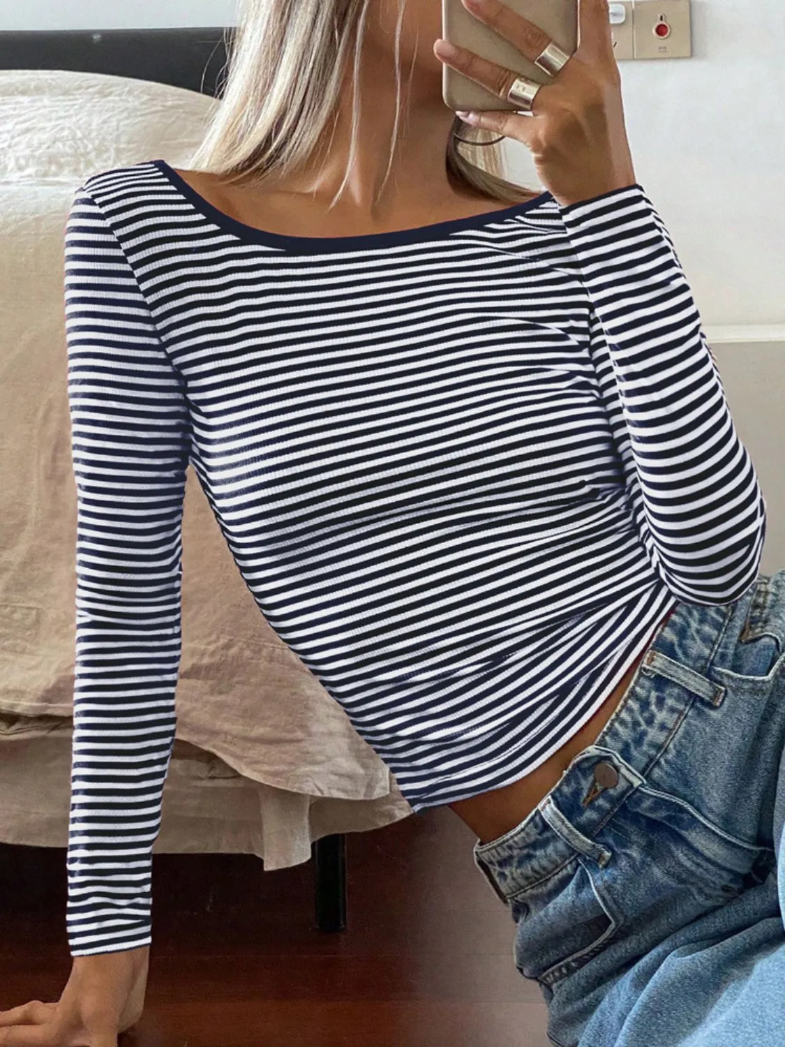 Backless Striped Boat Neck Long Sleeve T-Shirt