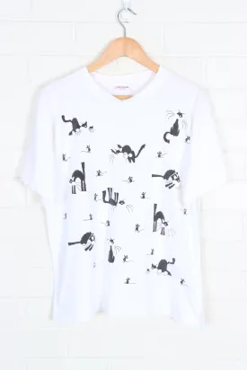 Black & White Tuxedo Cat Chasing Mouse Puff Print Tee (L)