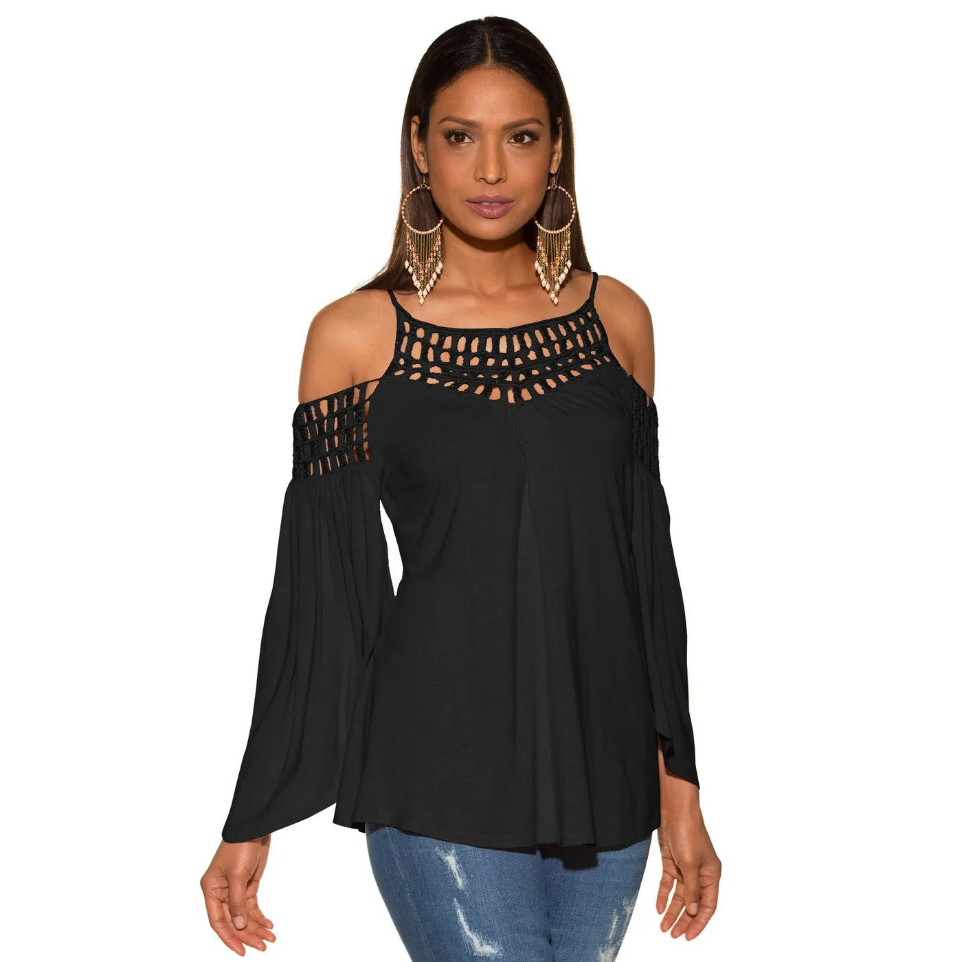 Black Long Sleeve Off Shoulder Backless T-shirt