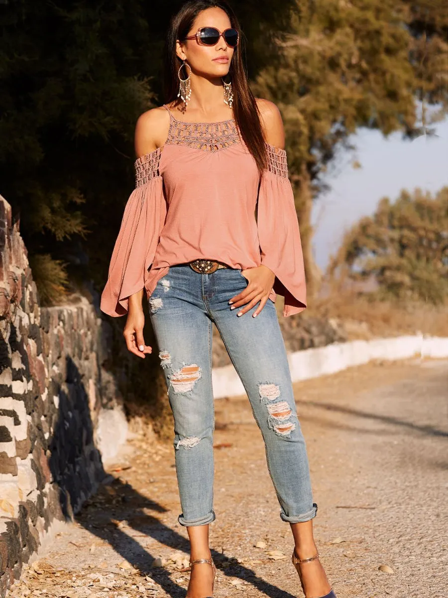 Black Long Sleeve Off Shoulder Backless T-shirt