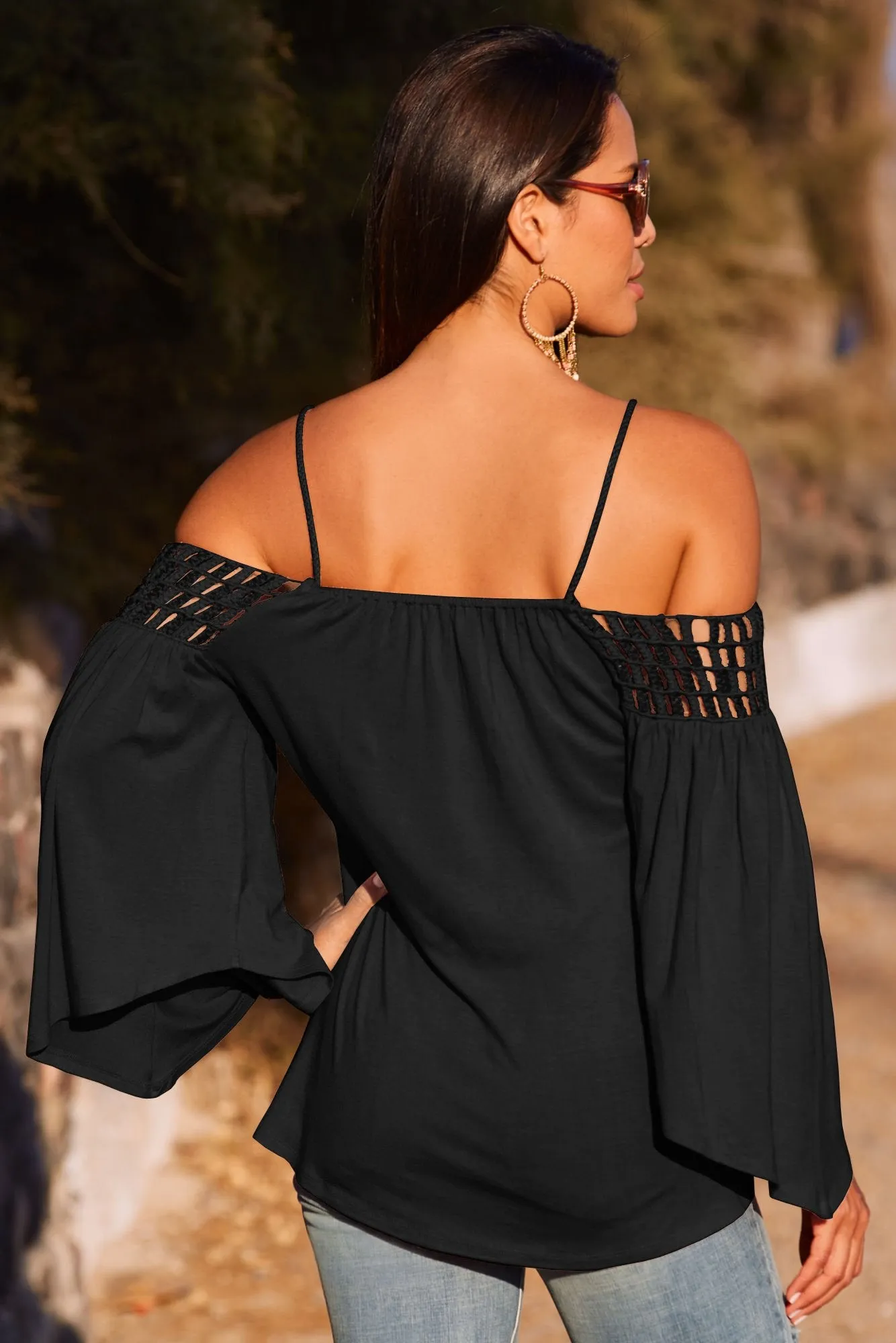 Black Long Sleeve Off Shoulder Backless T-shirt