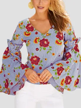 Blue Flare Sleeve Floral Deep V-neck T-shirt