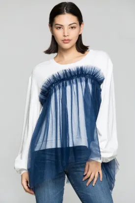 Blue Fringe Sheer on White T-Shirt Top