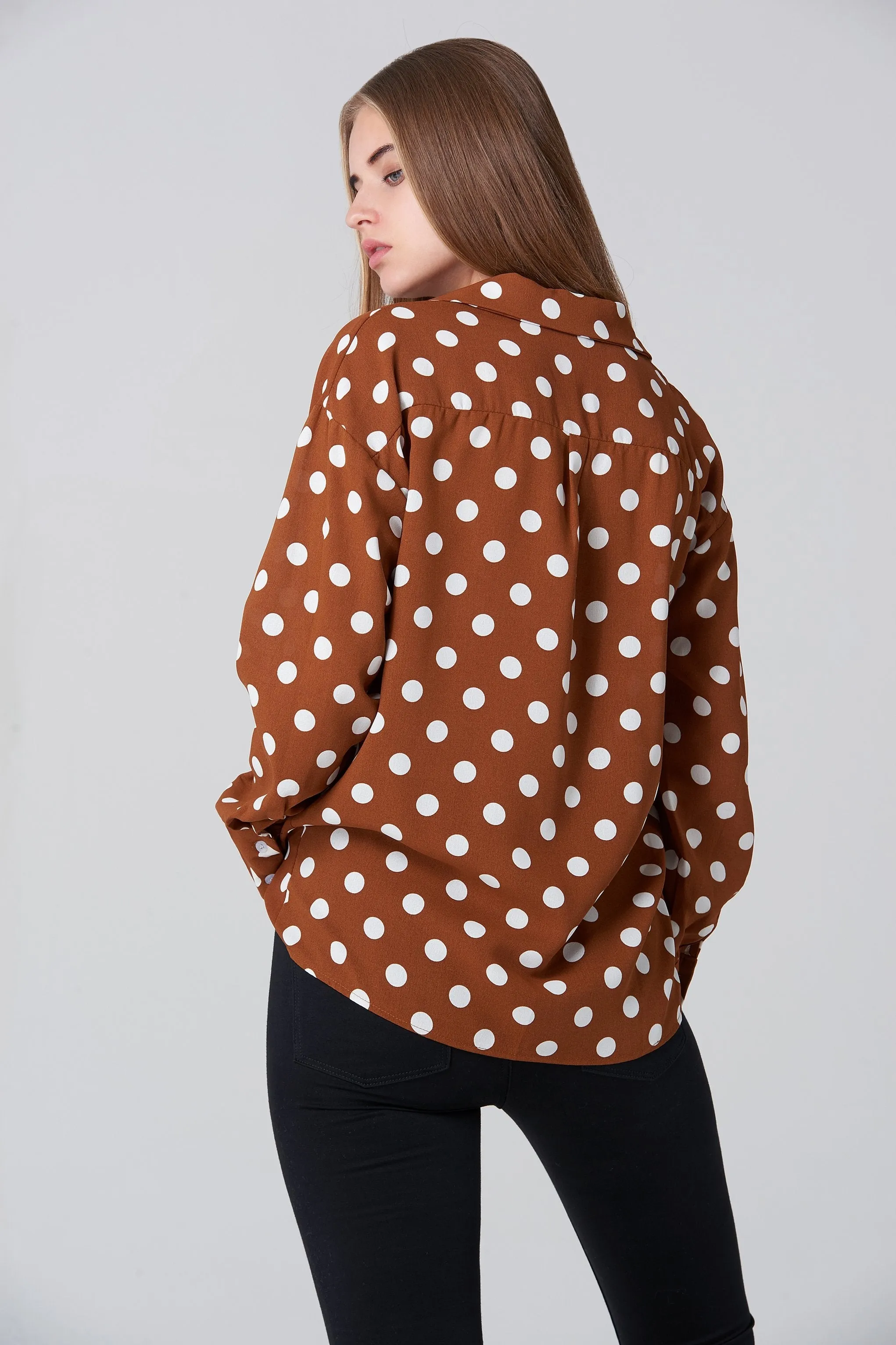 Brown and White Polka dot Long Sleeve Shirt