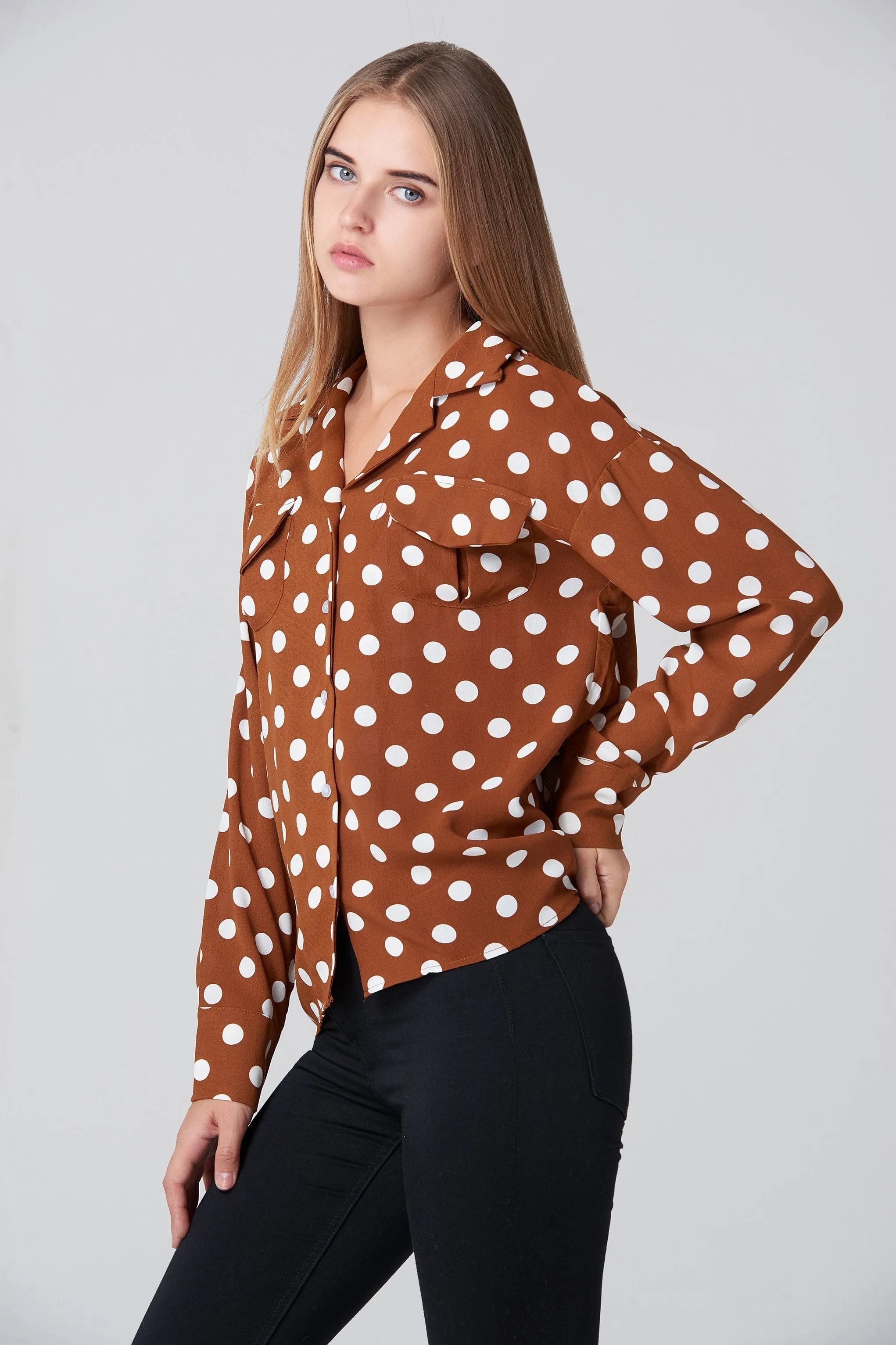Brown and White Polka dot Long Sleeve Shirt