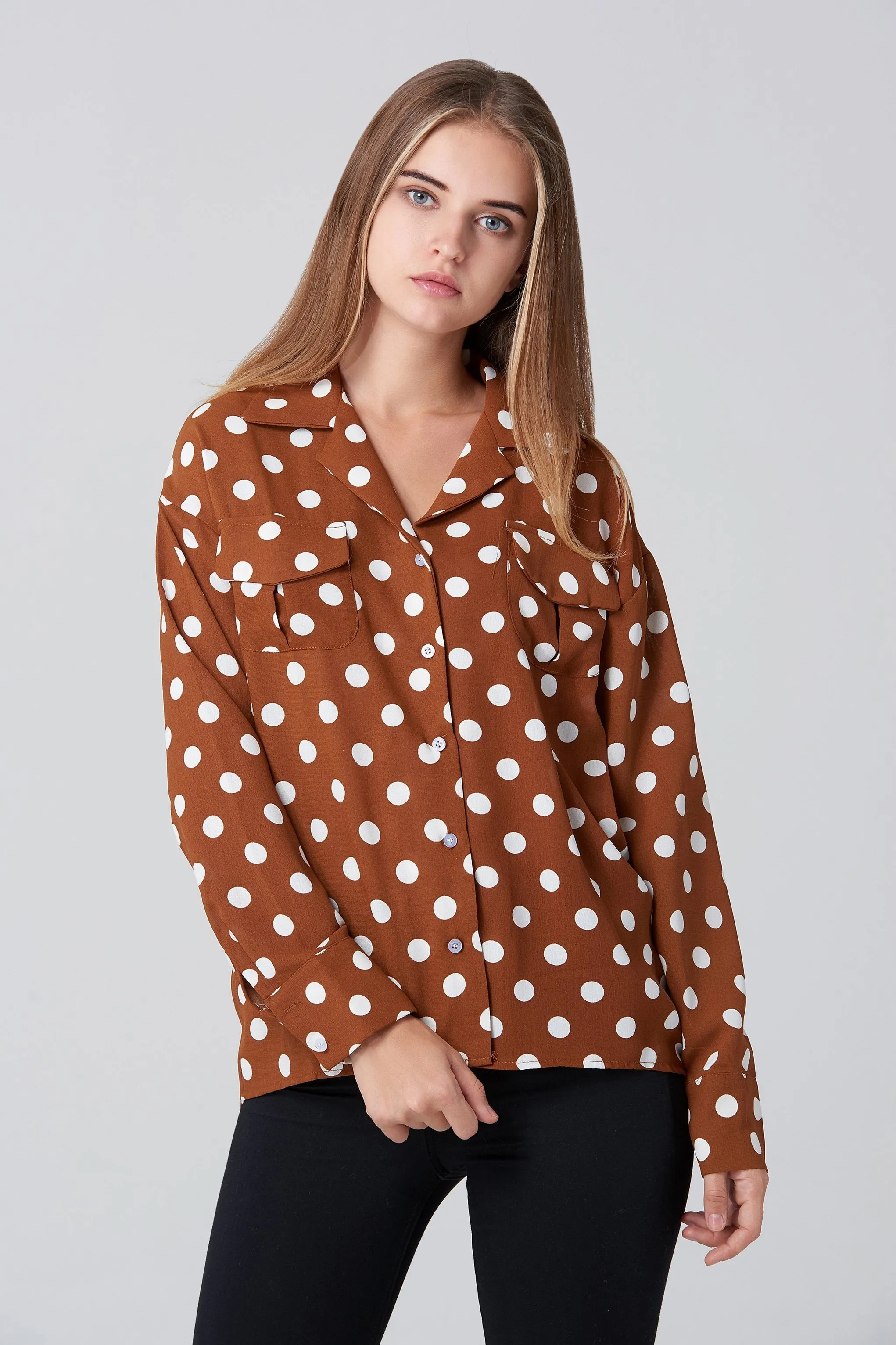 Brown and White Polka dot Long Sleeve Shirt