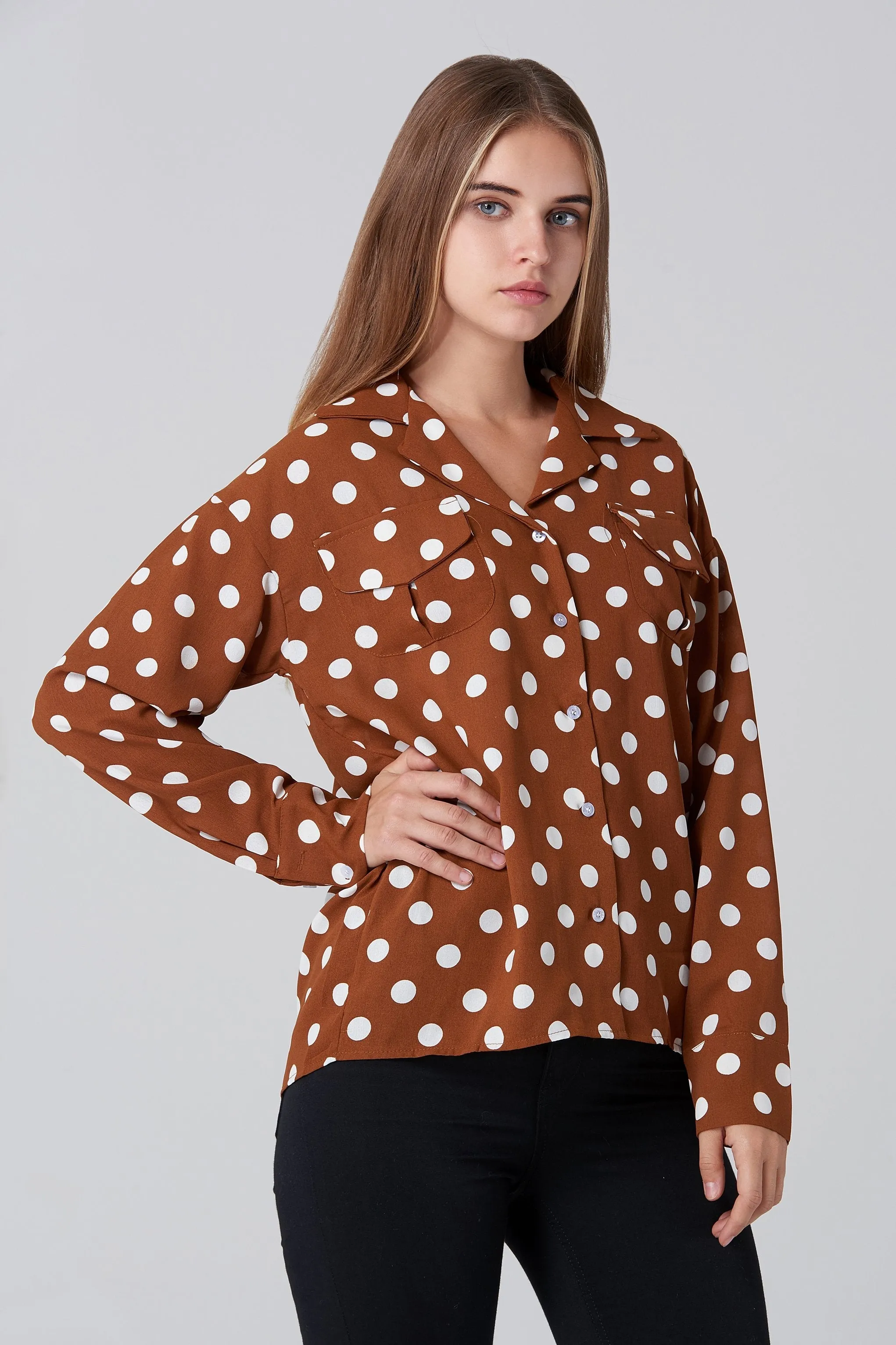 Brown and White Polka dot Long Sleeve Shirt