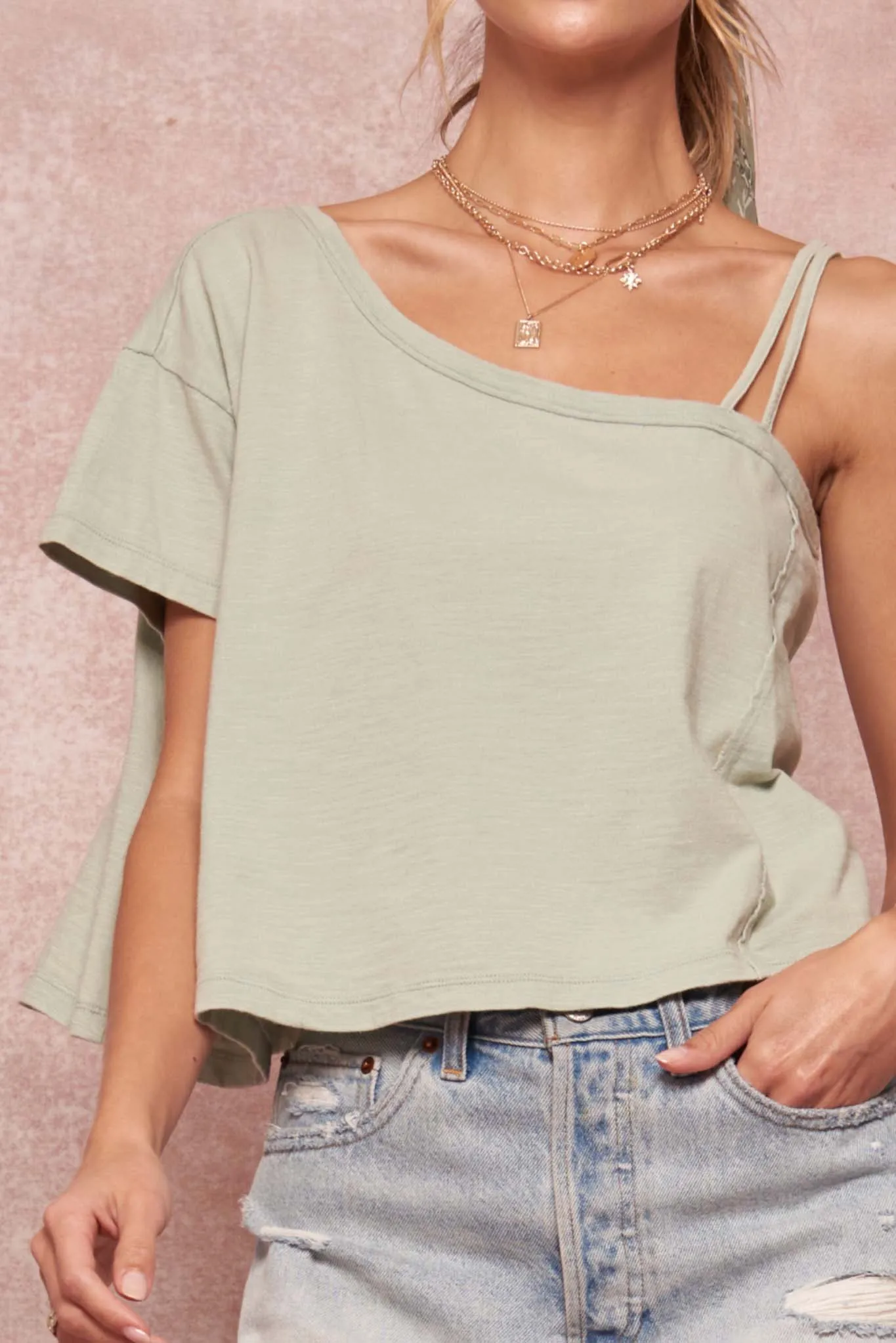 Casual Cutie Cropped Slub-Knit One-Shoulder Tee