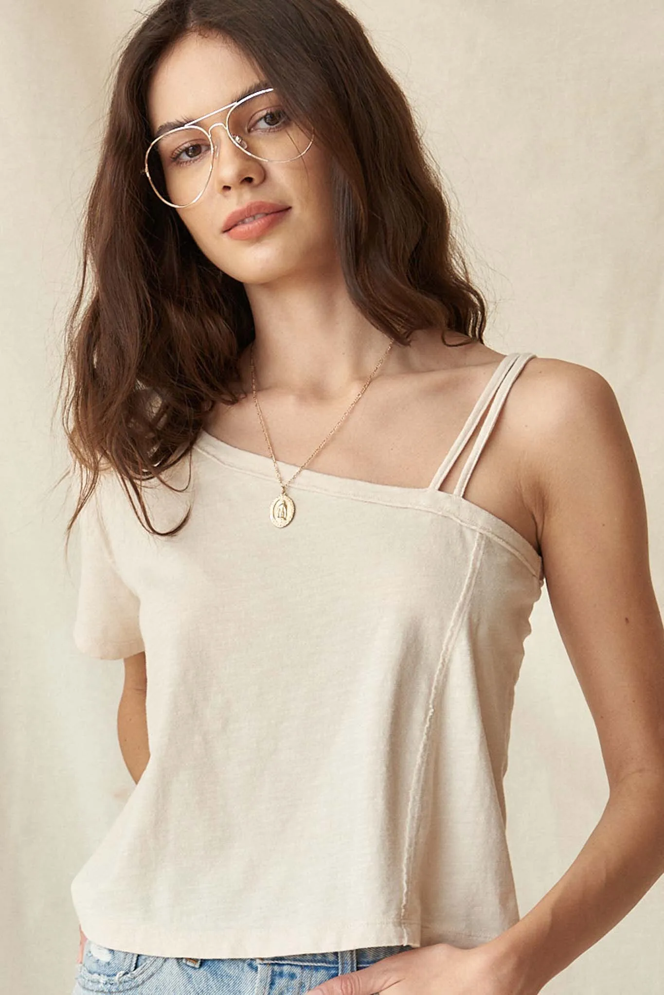 Casual Cutie Cropped Slub-Knit One-Shoulder Tee