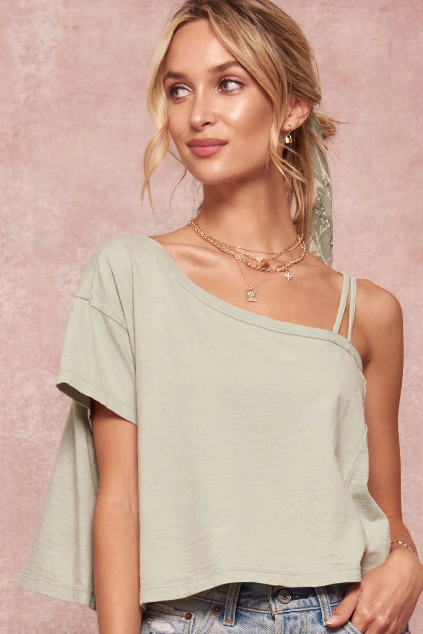 Casual Cutie Cropped Slub-Knit One-Shoulder Tee