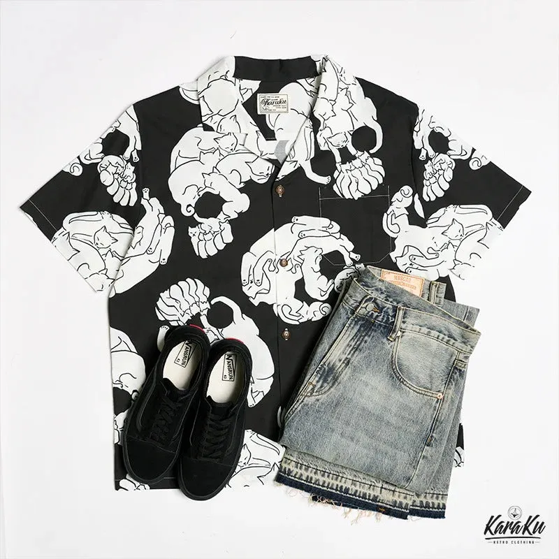 Cat & Skull Cotton Camp Shirt