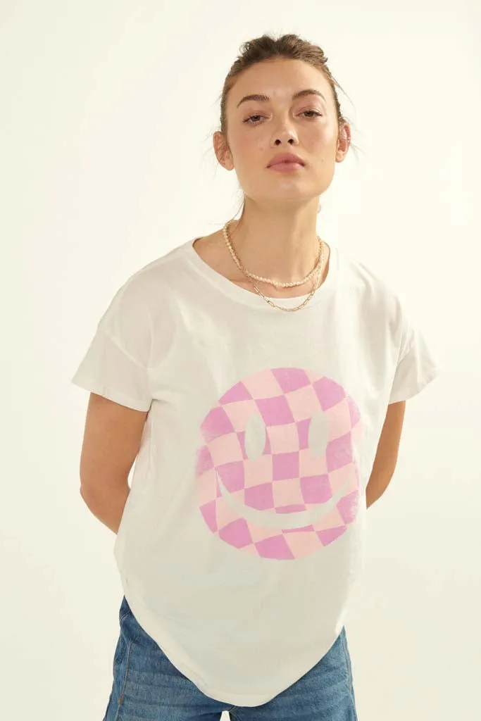 Checker Smiley Face Vintage-Print Graphic Tee