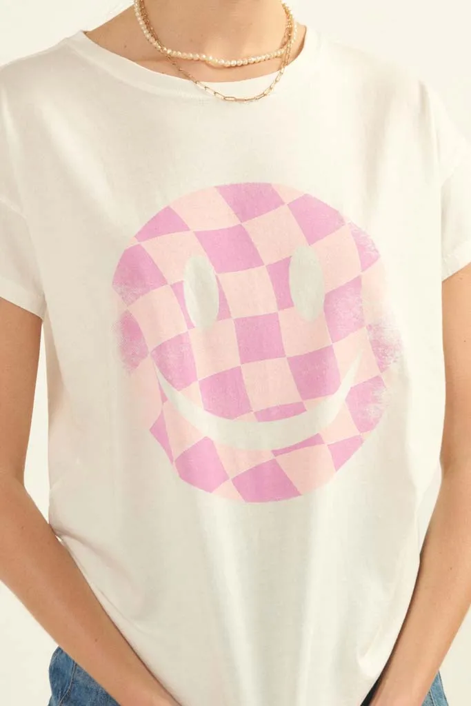Checker Smiley Face Vintage-Print Graphic Tee
