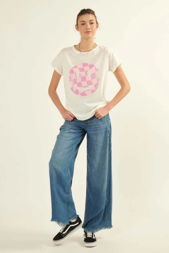 Checker Smiley Face Vintage-Print Graphic Tee