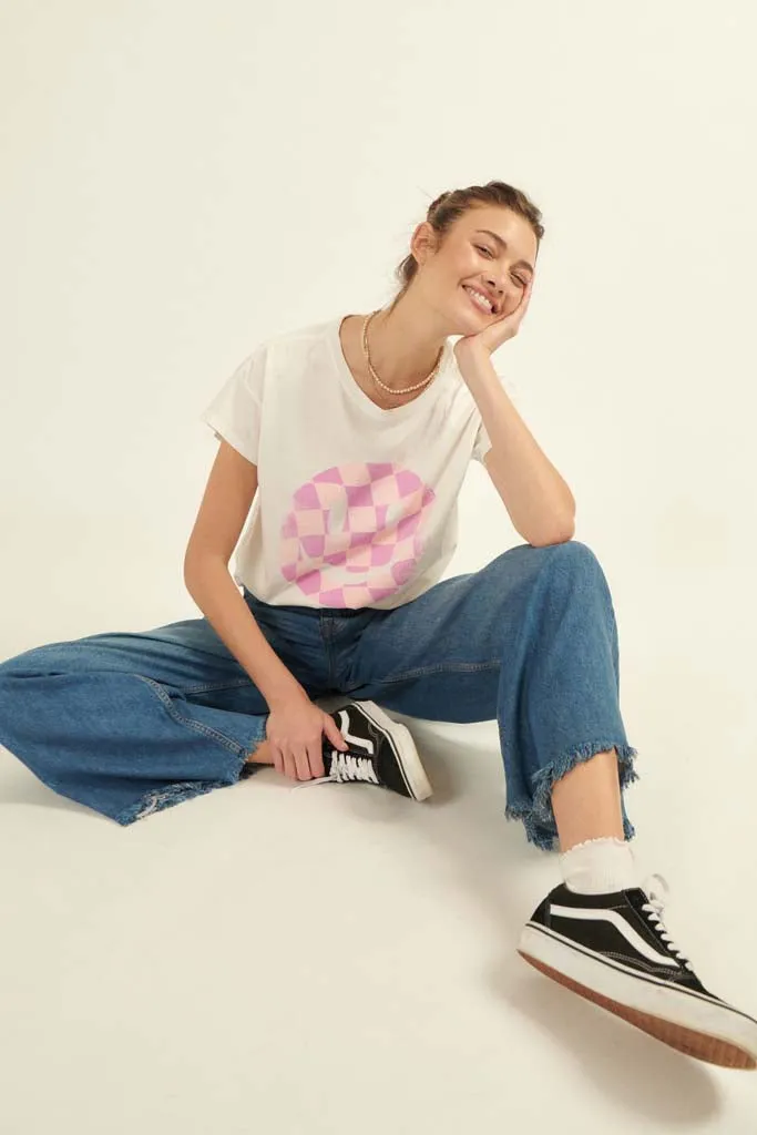 Checker Smiley Face Vintage-Print Graphic Tee
