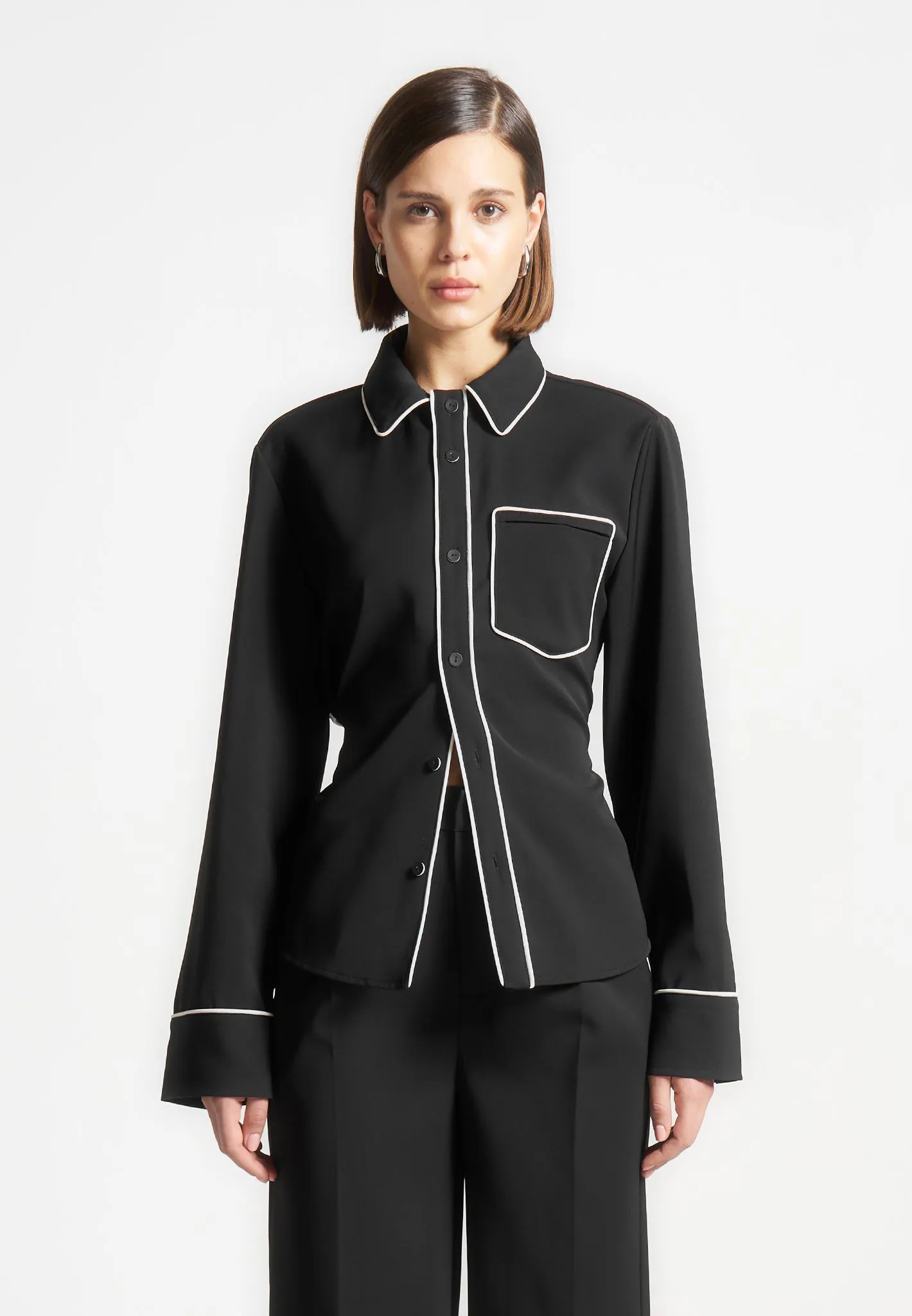 Contrast Piped Backless Tie Shirt  - Black/White
