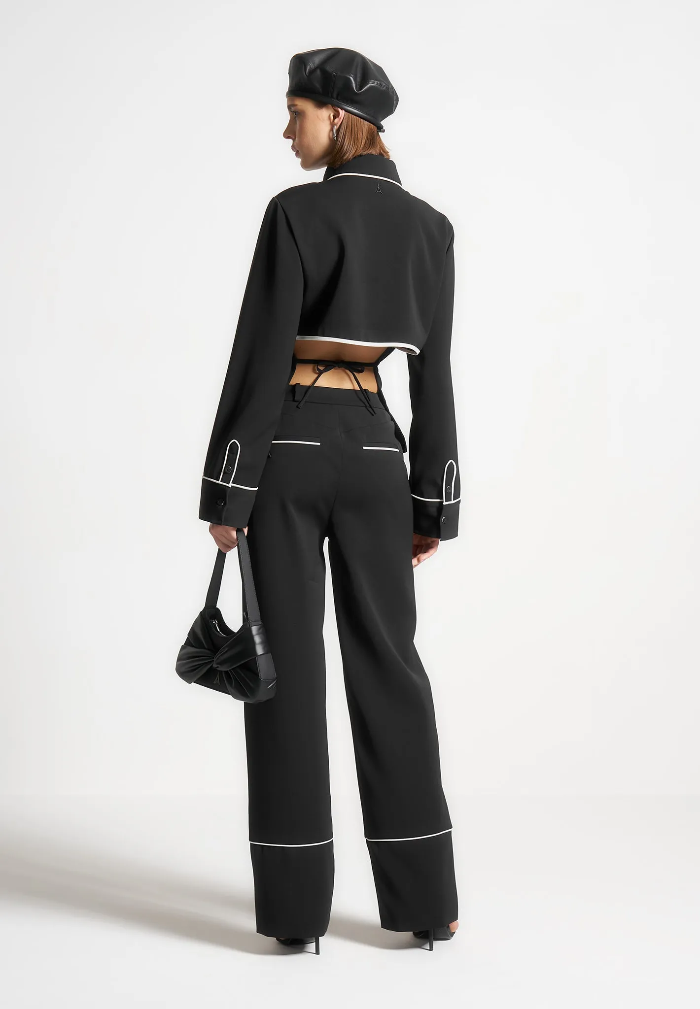 Contrast Piped Backless Tie Shirt  - Black/White