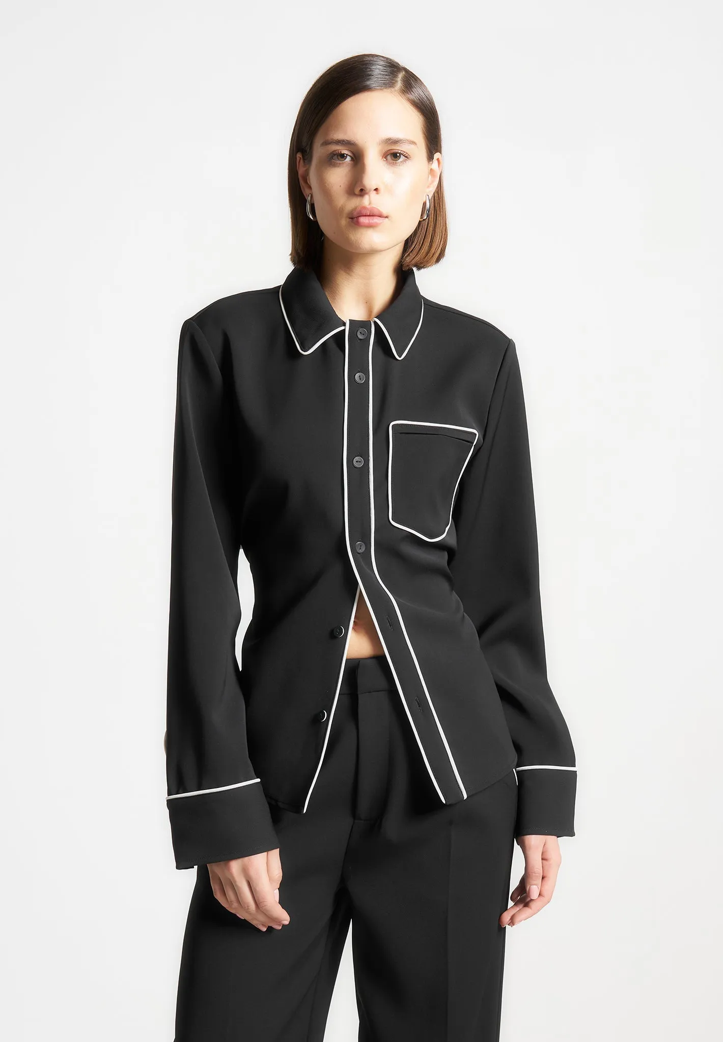 Contrast Piped Backless Tie Shirt  - Black/White