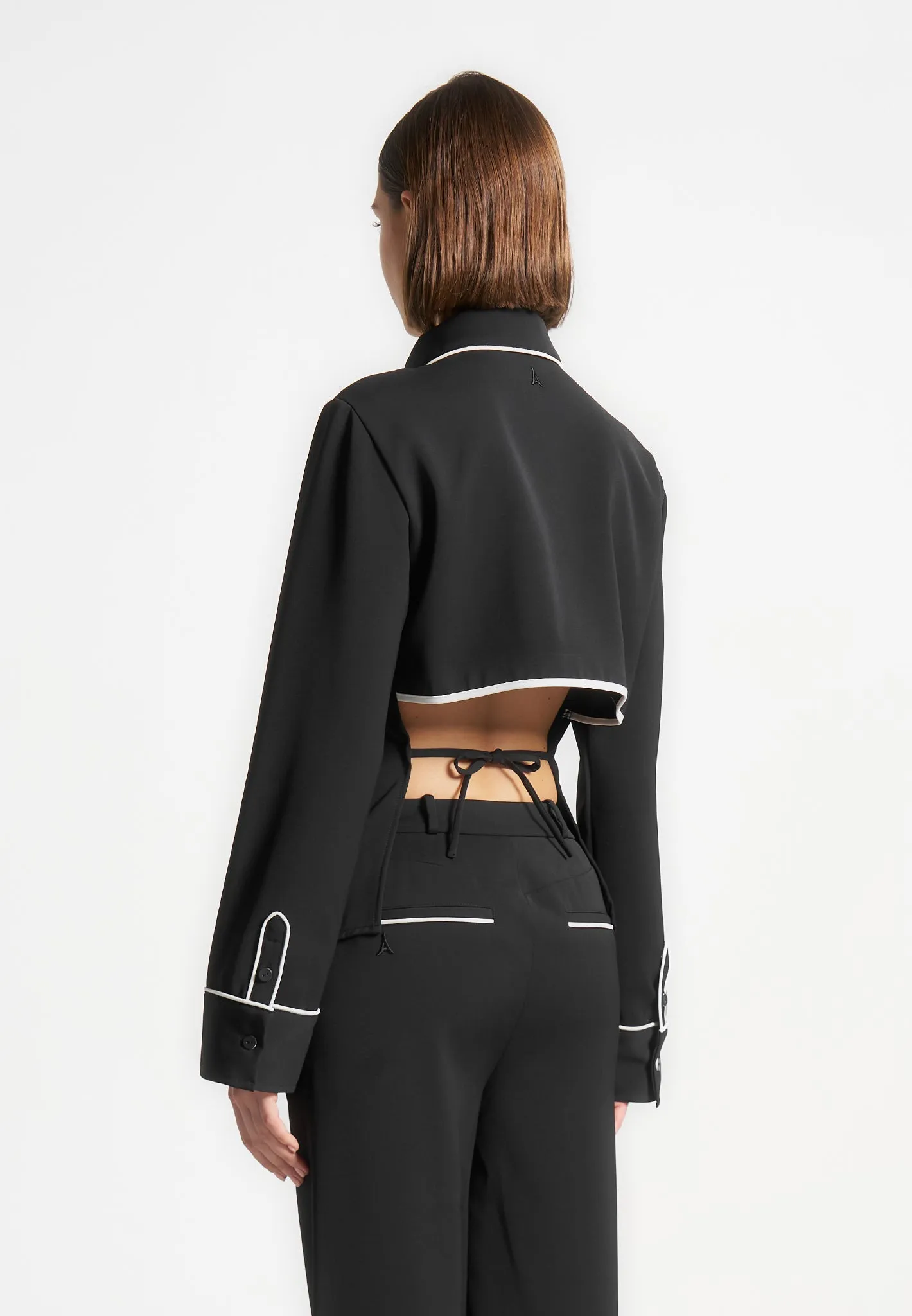 Contrast Piped Backless Tie Shirt  - Black/White