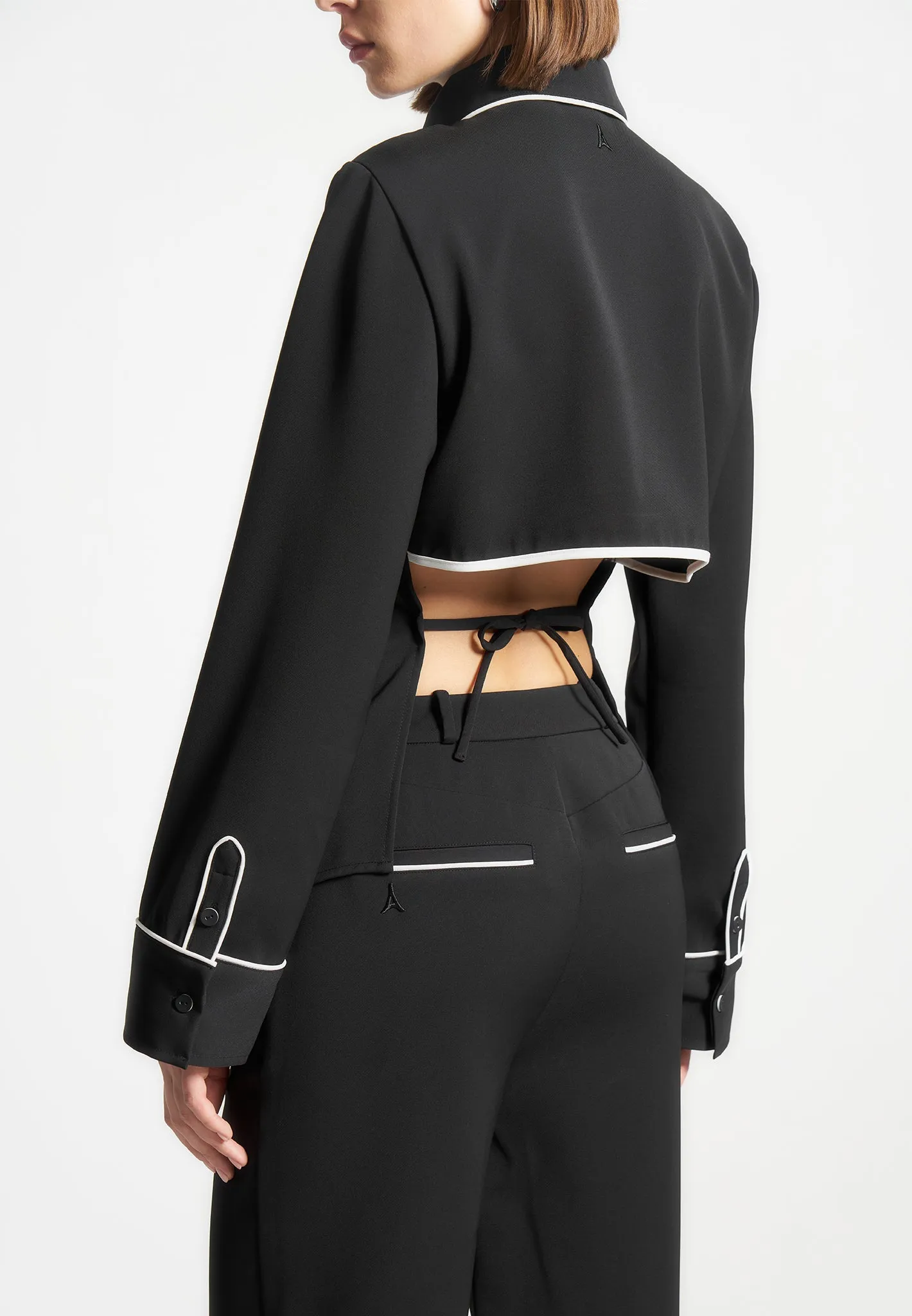 Contrast Piped Backless Tie Shirt  - Black/White