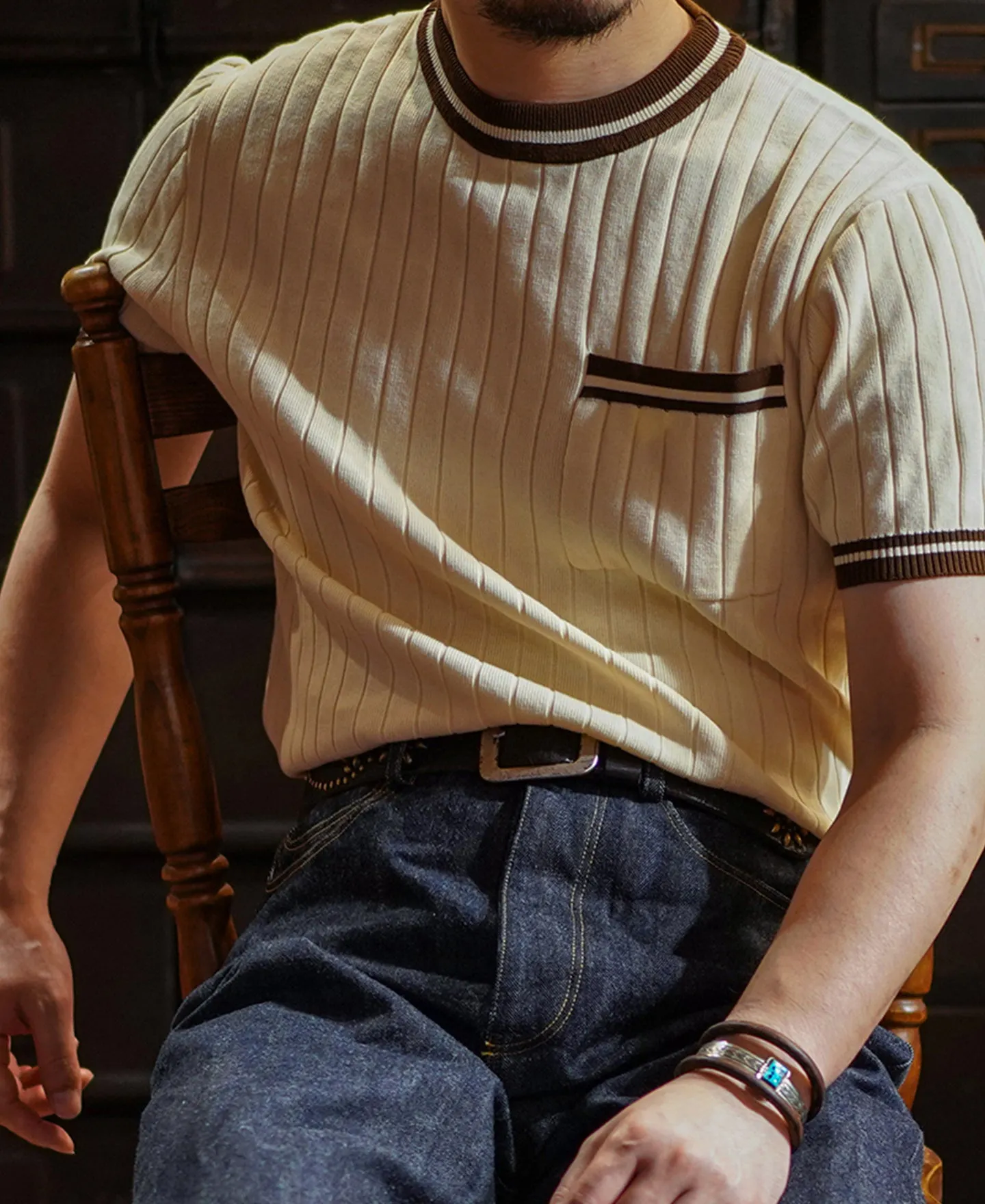 Contrast Ribbed Crew Neck Knit T-Shirt