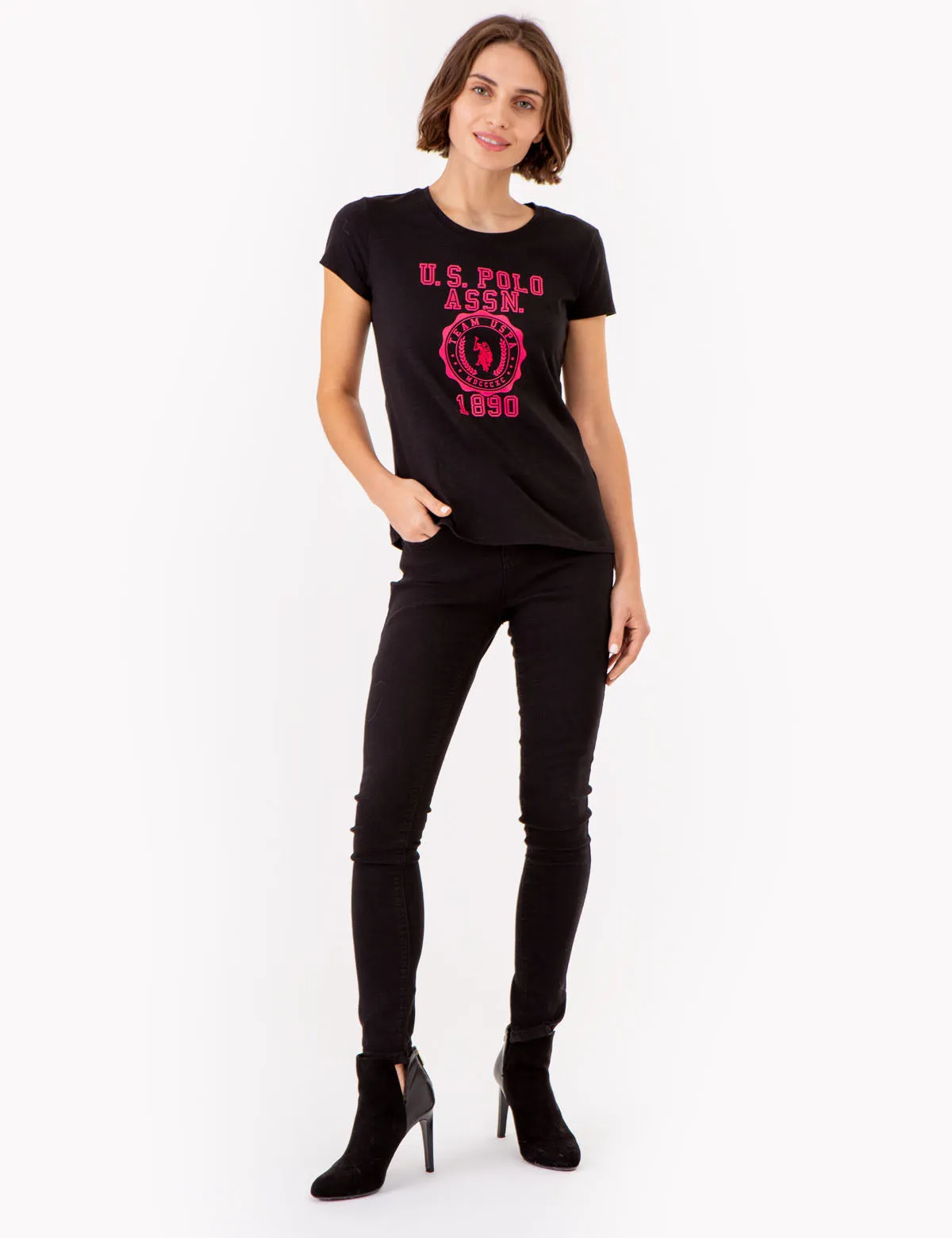 CREST PRINT SCOOP NECK T-SHIRT
