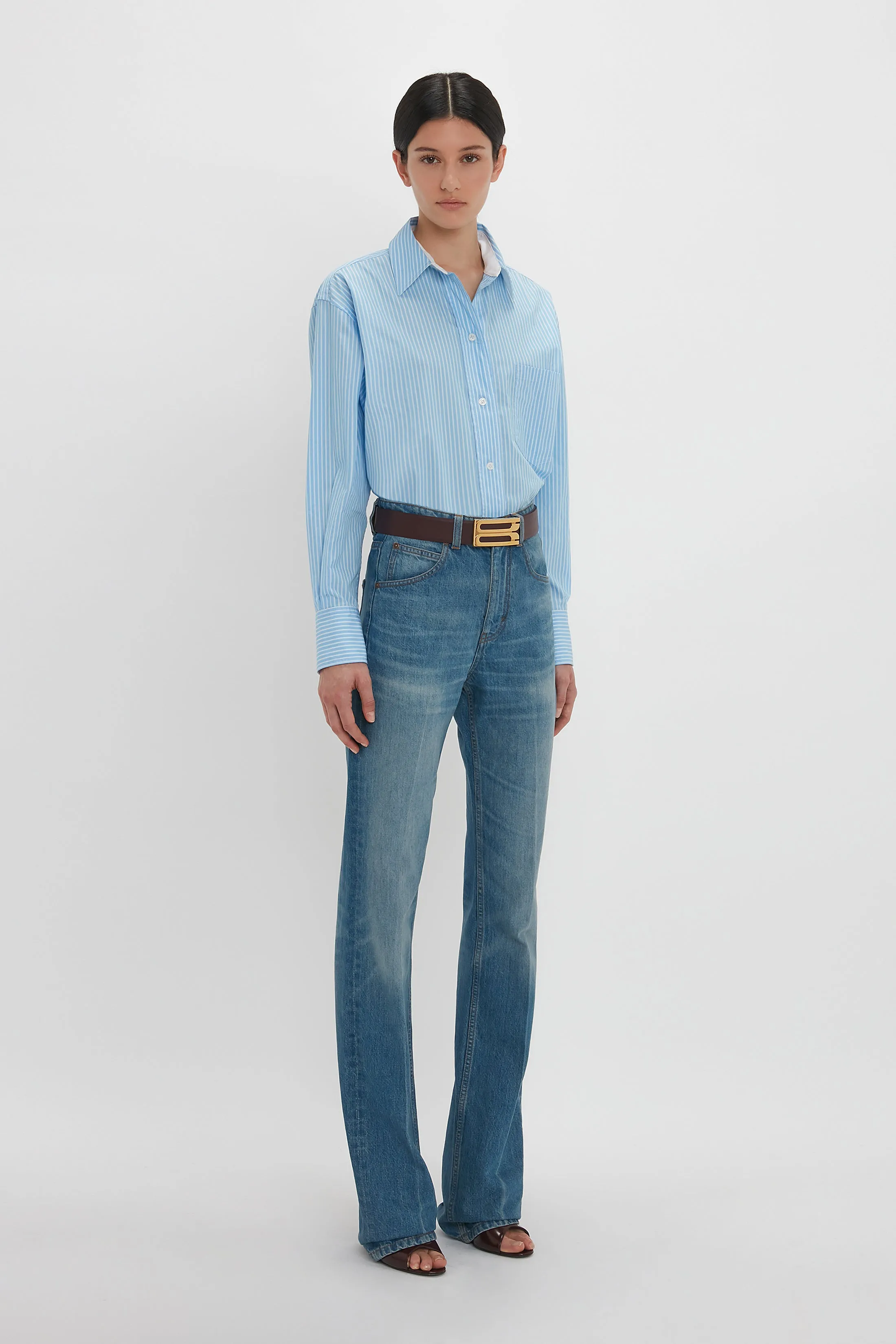Cropped Long Sleeve Shirt In Marina-White