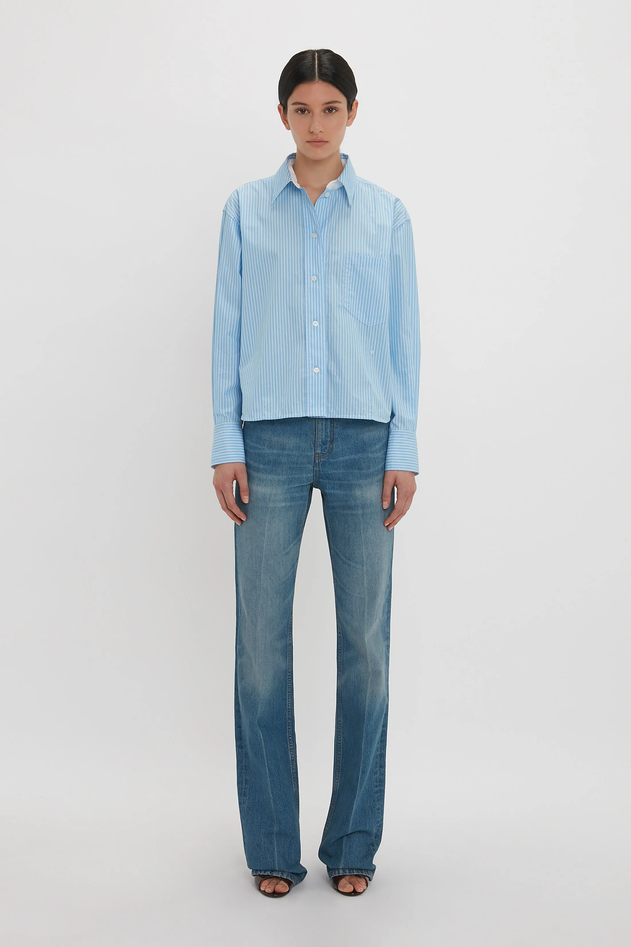 Cropped Long Sleeve Shirt In Marina-White
