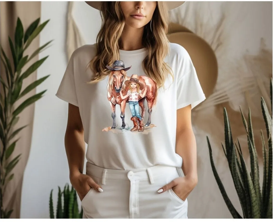 Cute Little Country Girl and her Pony T-Shirt, Cowgirl Shirt, Country T-Shirt, Casual T-Shirt, Western Tee