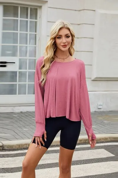 Cutout Back Round Neck Long Sleeve T-Shirt