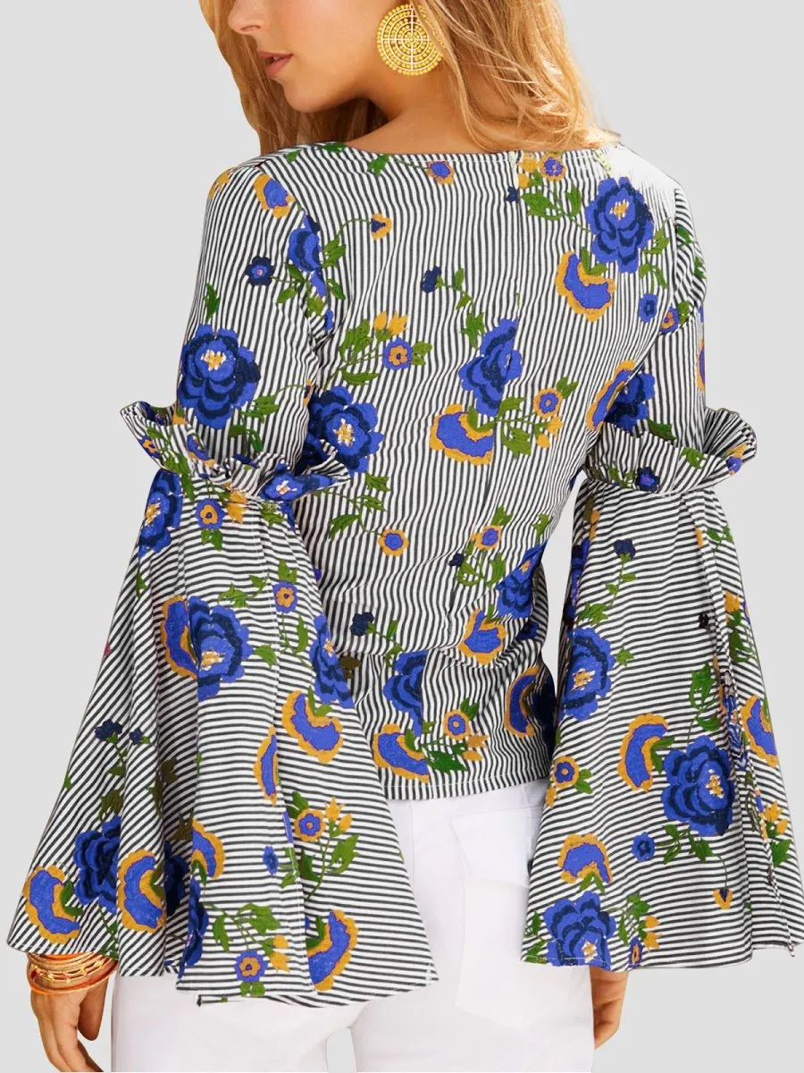 Flare Sleeve Floral Deep V-neck T-shirt