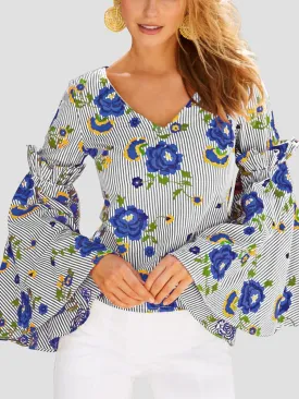 Flare Sleeve Floral Deep V-neck T-shirt