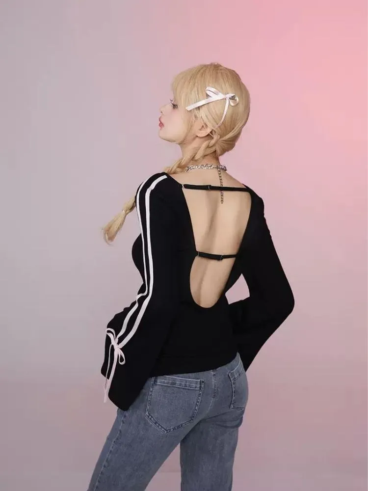 Flared sleeves backless t-shirt【s0000006360】