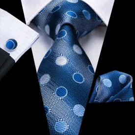 Hi-Tie Men's Navy Blue Polka Dot Necktie Pocket Square Cufflinks Set