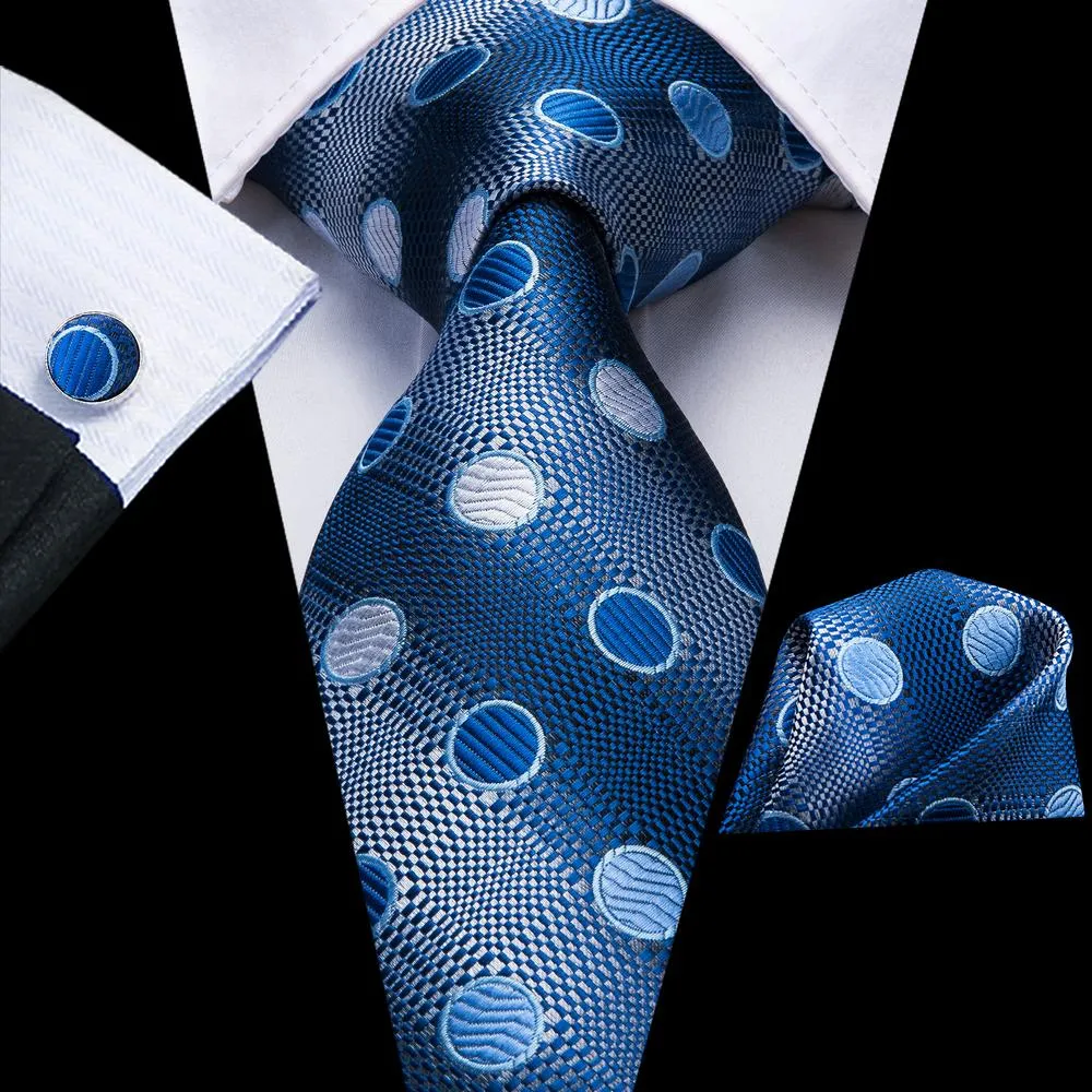 Hi-Tie Men's Navy Blue Polka Dot Necktie Pocket Square Cufflinks Set