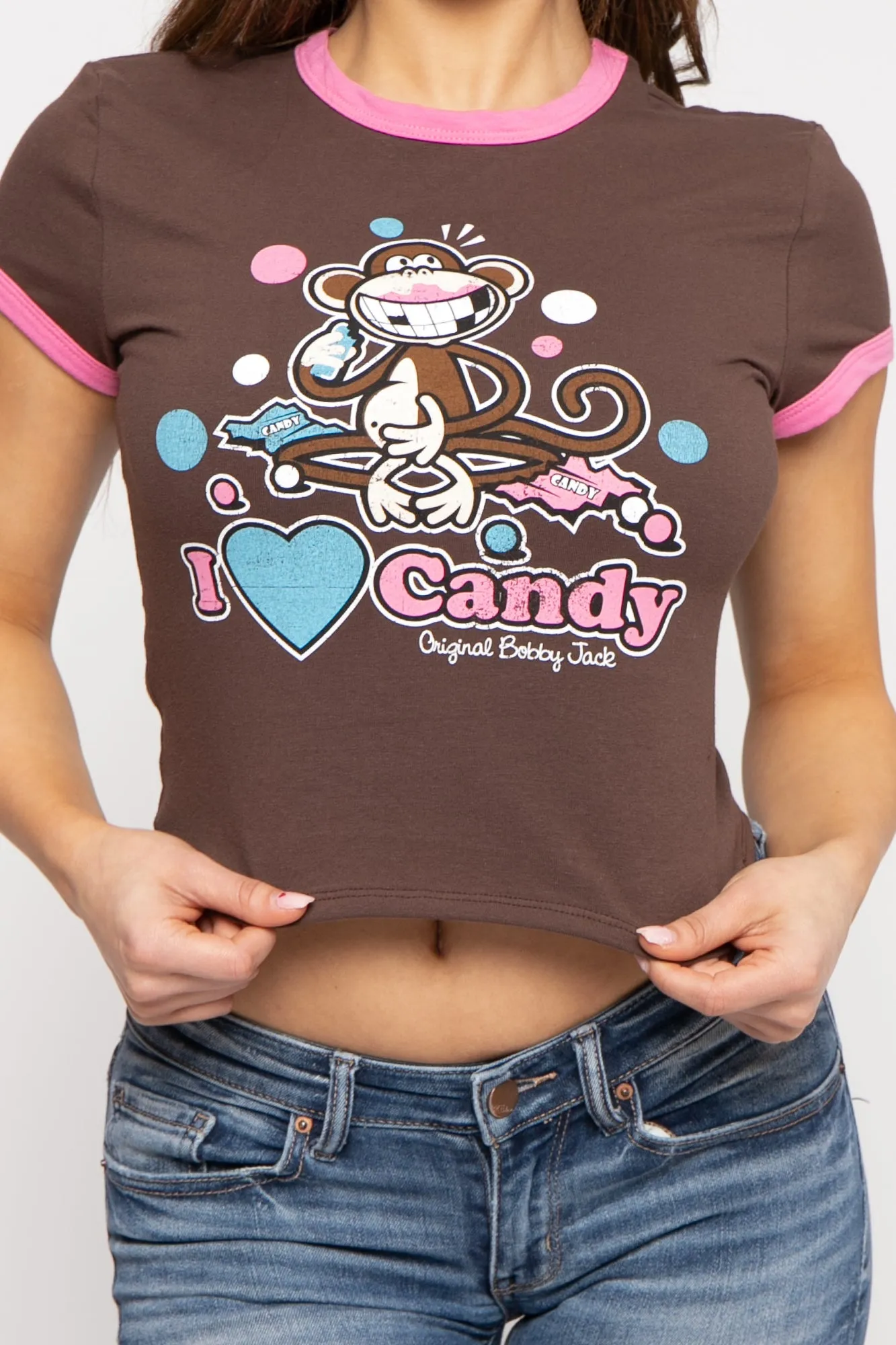I Love Candy - Bobby Jack Crop Ringer Top - Brown