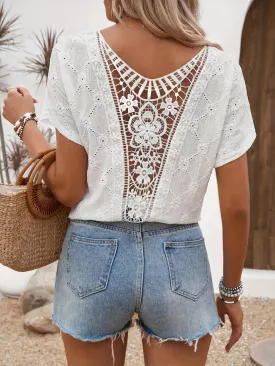 Lace Stitching Back Cutout Round Neck T-shirt