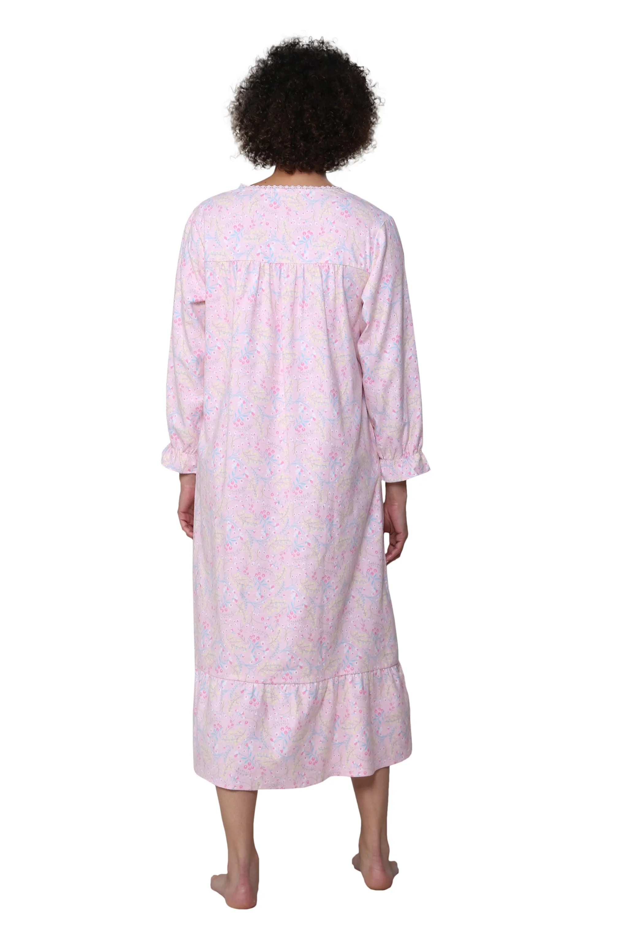 Lace Trimmed Cotton Flannel Wispy Floral Night Gown